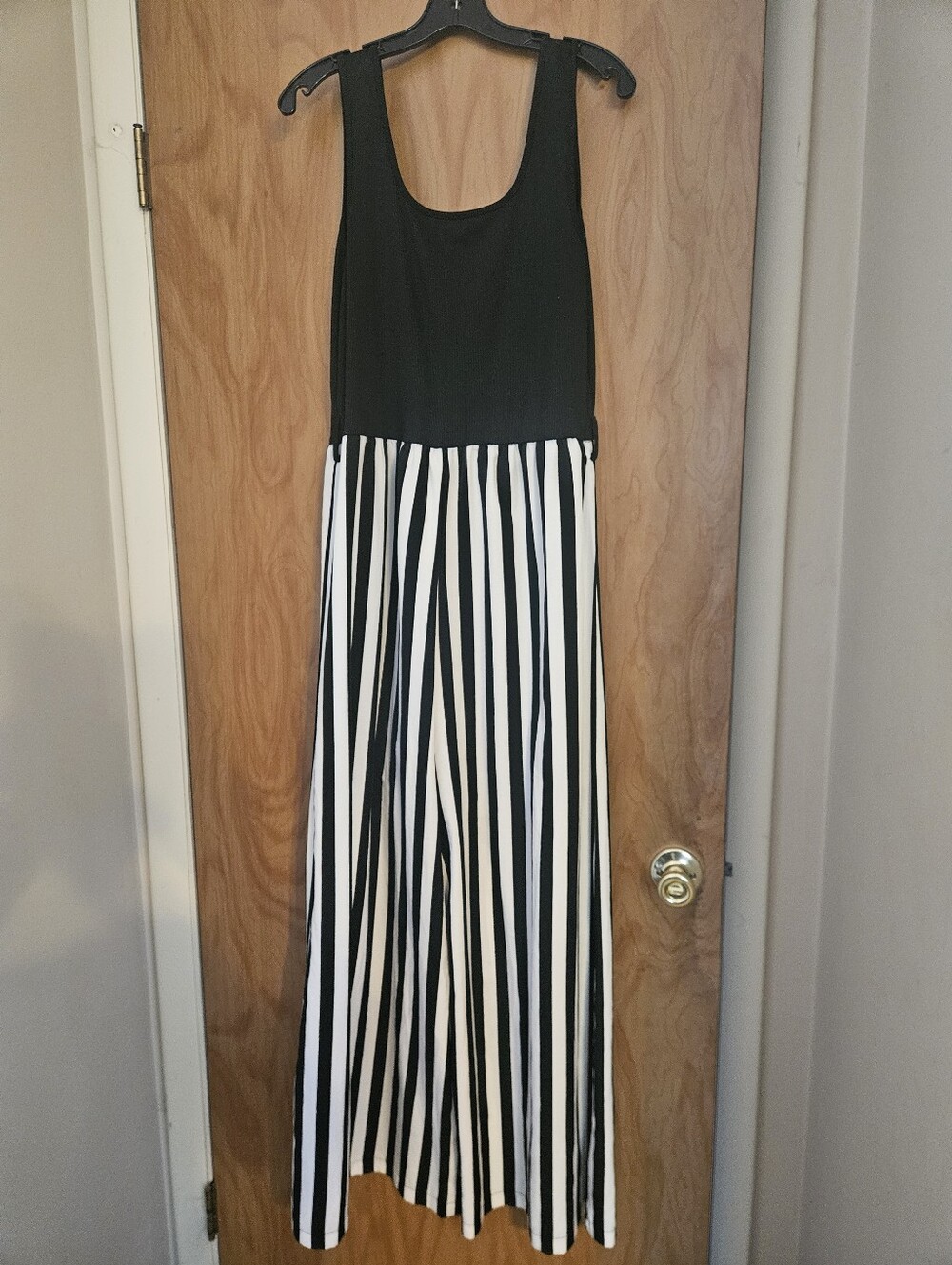 Black and White Striped Comfty Jumpsuit - Sleeveless Scoop Neck